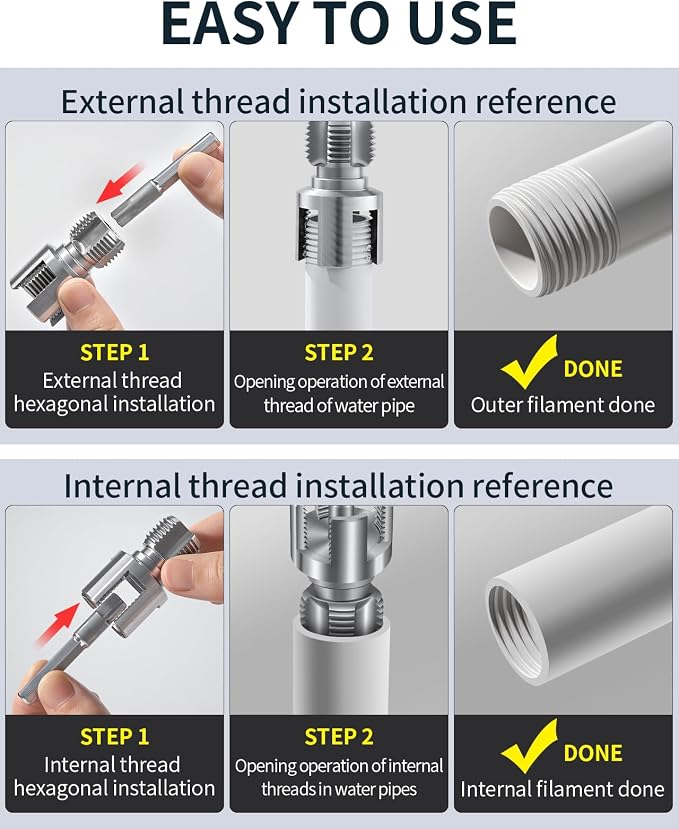Internal & External Pipe Threading Tool, PVC Pipe Threader, Pipe Threading Tool, 1/2'' 3/4'' Dies Electric Drill Compatible for Home Repair (2PCS) (1/2（DN15))