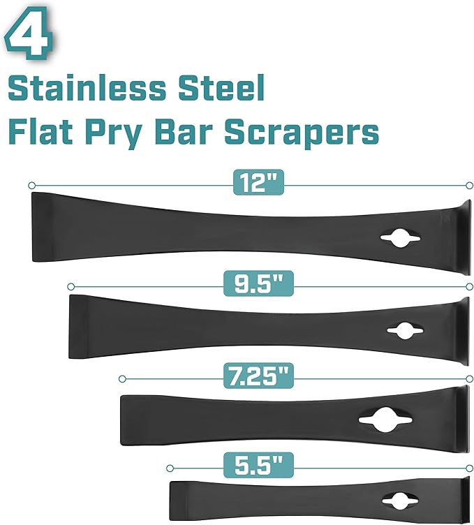 Bates- Flat Pry Bar Scraper, 4 Pack, 5-1/2", 7-1/4", 9-1/2" and 12", Black, Trim Puller Tool for Baseboard