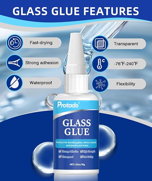 Glass Glue, 35g Heavy Duty Super Strong Clear Glue, Waterproof Heat Resistant Adhesive for Glass Bonding, Repair, Crystal, Mirrors, Windows, Glassware, Crafts, DlY Kits