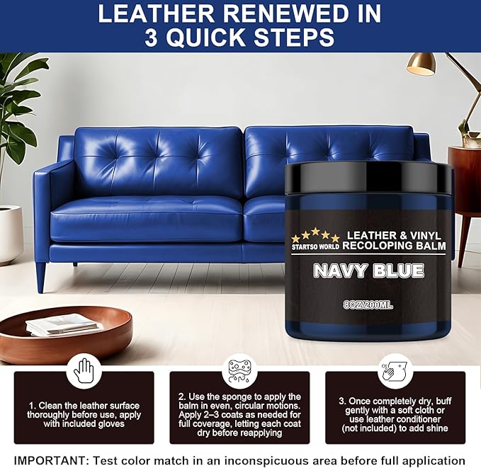 STARTSO WORLD Leather Recoloring Balm, Navy Blue Leather Repair Kit for Furniture, Leather Dye, Leather Color Restorer for Couches, Leather Couch Paint | Repair, Restore & Renew Old, Faded Leather