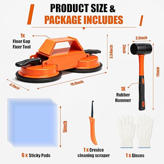 Floor Gap Fixer Tool with Suction Cup, Heavy Duty Floor Gap Repair Kit for Laminate, Floating, LVP, Vinyl Plank & Hardwood Flooring, Includes Rubber Mallet, Scrape, Gloves & 6 Reusable Pads
