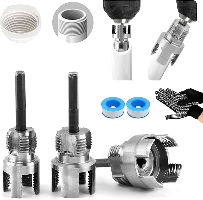 PVC Pipe Threading Tool Kit, 10Pcs Dual Internal & External Pipe Threader Set for 1/2", 3/4" & 1" Plastic Pipes, Carbon Steel Drill-Powered Tapping Tool for Plumbing, Irrigation & Home Repair