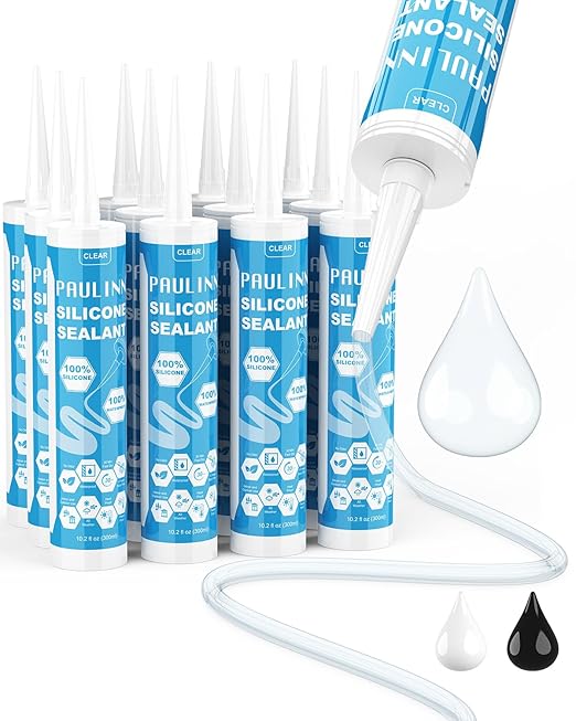 PAULINN 12 Packs Clear Silicone Sealant Waterproof 100% Silicone Caulk for Kitchen & Bathroom