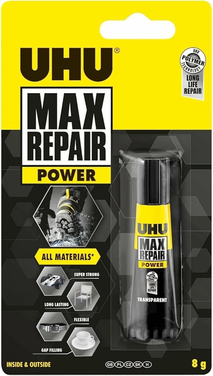UHU Max Repair Power Adhesive (0.28 oz): Clear Strong Flexible Glue for Indoor & Outdoor Repairs, Heavy Duty All-Purpose Adhesive, Waterproof, Dishwasher-Safe, Gap Filling, Temperature & UV Resistant
