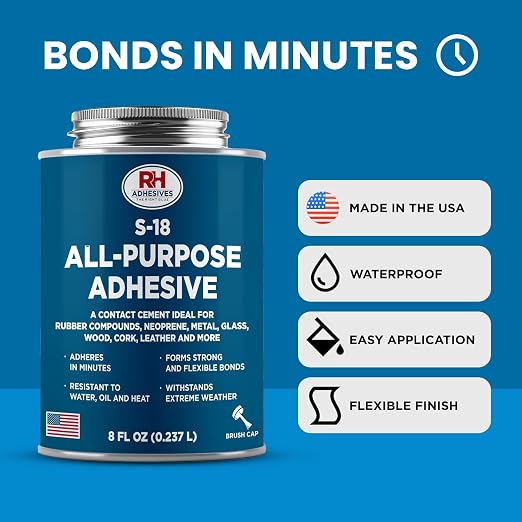 S-18 All-Purpose Adhesive, 8 oz. can - Multi-Purpose, Rubber, Metal, Leather, Felt, Wood, Neoprene, Glass, Flexible, Waterproof, Long Lasting - RH Adhesives