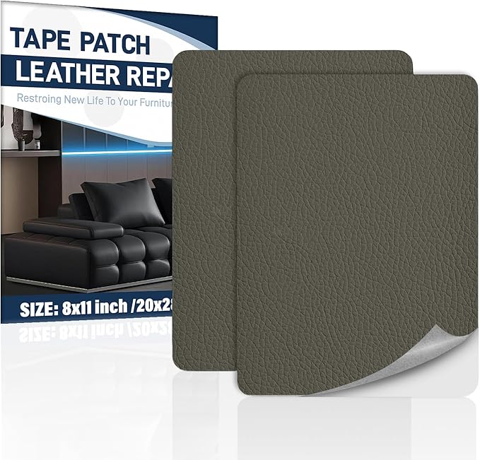 Zenyao Leather Repair Patch Tape - Self Adhesive Leather Repair Kit for Car Seat Furniture, Heavy Duty Vinyl Repair Patch for Couch Sofa, Waterproof Fix for Tears, 8x11 Inch, 2 Pieces, Light Grey