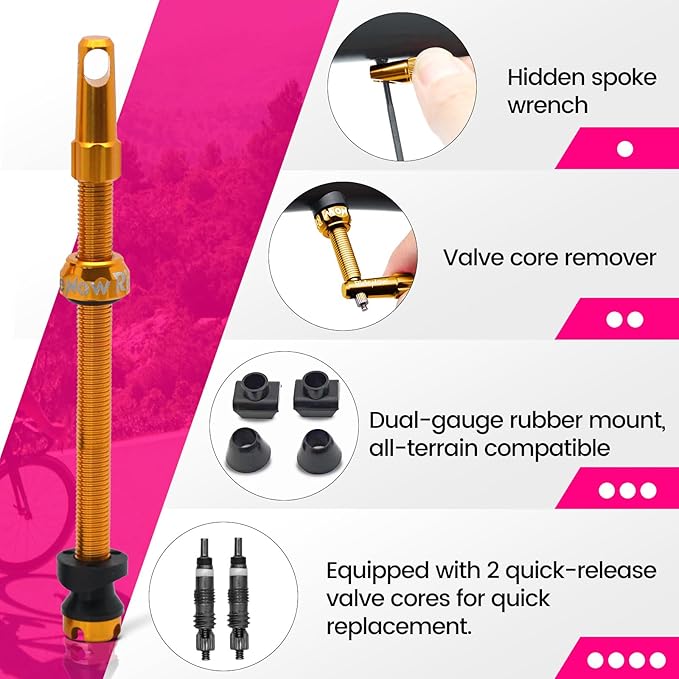 RideNow Tubeless Presta Valve Stems, 85mm Super Light 7075 Aluminum Alloy Presta Tubeless Valve Stem Kit with Valve Core Remover Tool and Valve Stem Caps, Multiple Color and Size Options(Pair), Gold