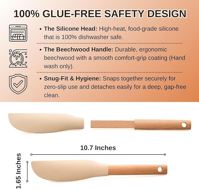 10.7" Silicone Jar Spatula with Natural Beechwood Handle, Removable Flexible Scraper Head for Deep Jars, Thick Non-Stick Small Spatula for Sourdough, Peanut Butter, Blenders & Baking, Cream