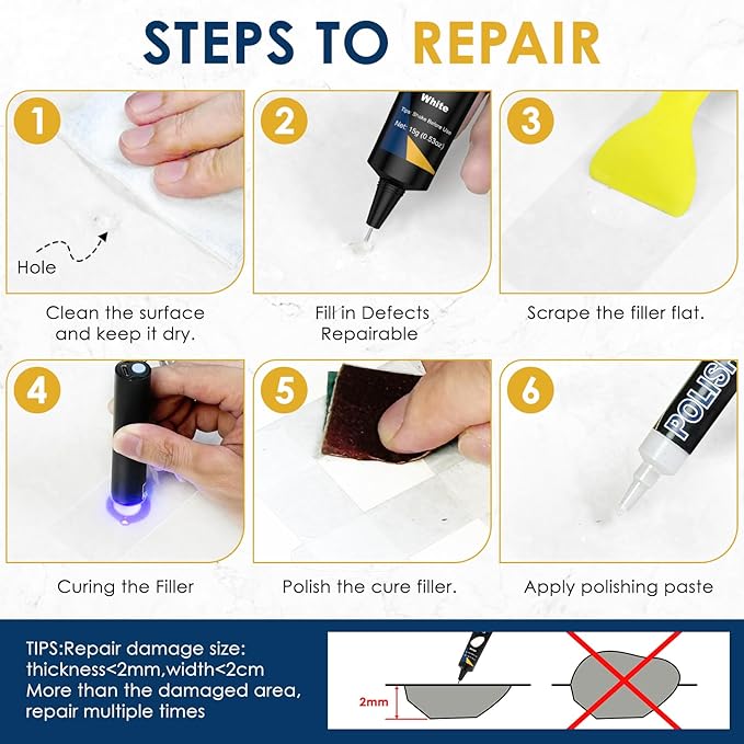 Quartz Countertop Repair Kit, Fiberglass Tub & Tile Repair Kit with 4x15g White Filler, 30s Fast Repair Chip, Hole, Scratch, Crack on Porcelain, Granite, Marble, Ceramic Tile, Bath Tub, Sink