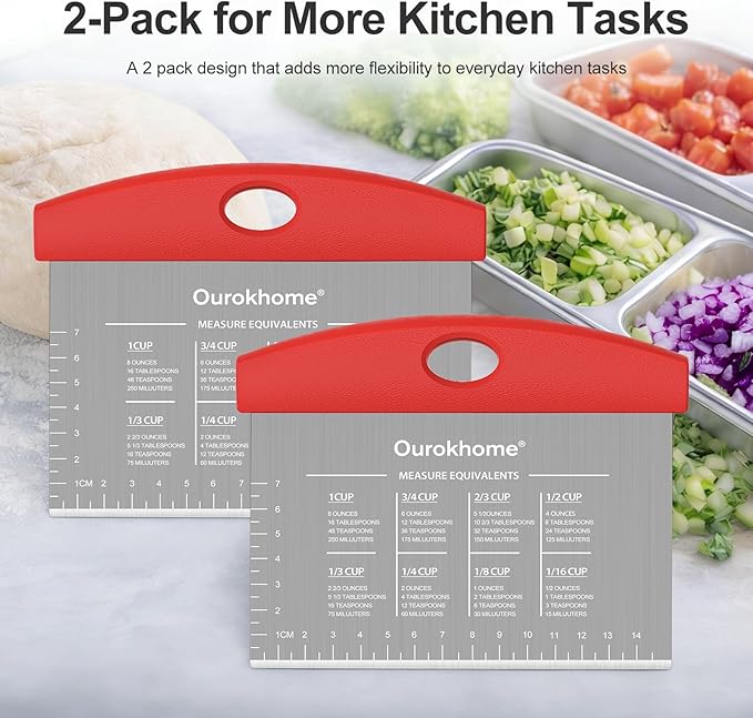 Ourokhome 2 Pack Bench Scraper Dough Cutter, Stainless Steel Dough Scraper with Laser-Etched Scale, Conversion Chart, Non-Slip Handle, Dishwasher Safe for Bread & Pastry, Red