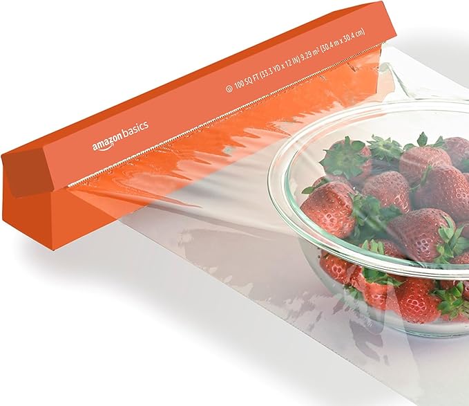 Amazon Basics Plastic Food Wrap,BPA Free,Microwave Safe with Tight Seal,300 Sq Ft,100 Sq Ft Rolls,(Pack of 18)