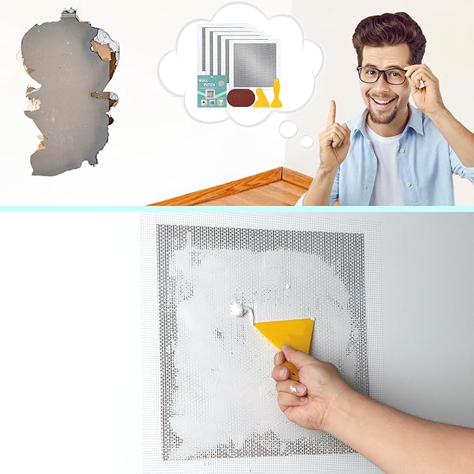 5Pcs Drywall Repair Kit Large Hole, 12 x 12in Self-Adhesive Drywall Patch Kit with Sandpapers & Scrapers, Wall Repair Patches for Big Holes & Cracks, Quick Fix for Ceiling Bathroom Wall Damage
