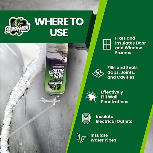 Sprayman Gaps and Cracks Filler Foam - Polyurethane Expanding Foam Sealant for Insulating Doors & Windows, Waterproof & Paintable, Straw Use - 12oz, 12 Pack