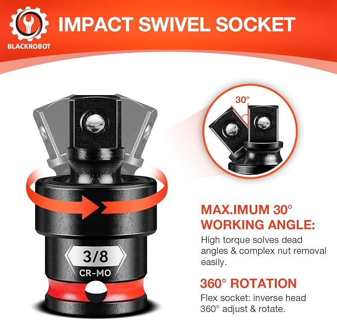BLACKROBOT 3/8" Drive Impact Universal Joint Set, CR-MO Swivel Socket Adapter for Automotive & Motorcycle Repair, Flexibly Reach Tight-Angle Fasteners