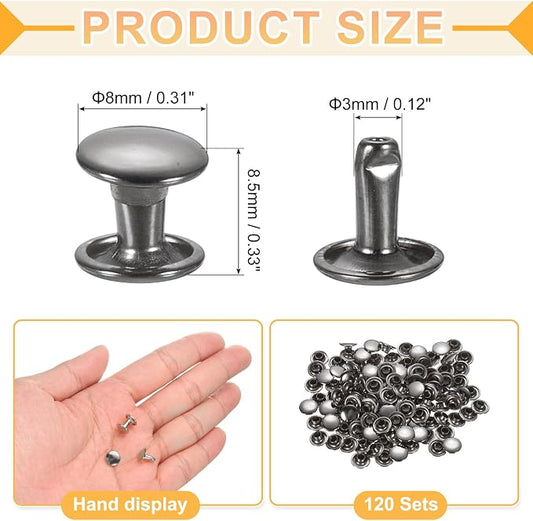 uxcell 120Set Leather Rivets, 8mm Double Cap Rivet Tubular Metal Studs Repairs Decoration Craft Accessories for Repair Decorate Leather Craft Belt Bag Shoes Purse Belts, Metallic Black