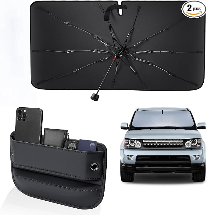 Leather Car Seat Gap Filler - Car Organizer with Windshield Sun Shade Foldable Umbrella UV Protection - Universal Fit - Car Interior Accessories (Black)