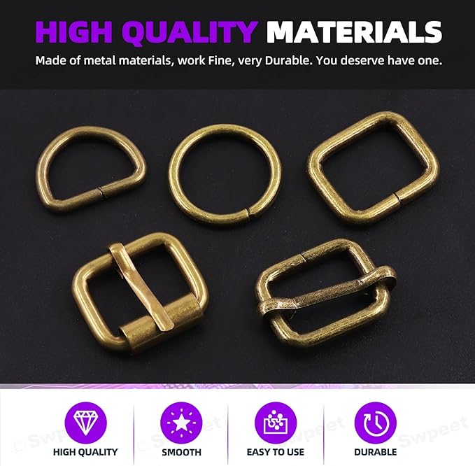 Swpeet 5 Style Metal Buckles - Adjustable Slide, D Ring, Circular Ring