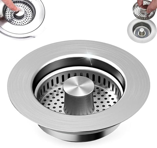 3-in-1 Kitchen Sink Drain Strainer, Pop Up Sink Stopper with Anti-Clogging Basket, 304 Stainless Steel Kitchen Sink Drain Strainer, Food Catcher for US Standard 3-1/2 inch Drain Hole