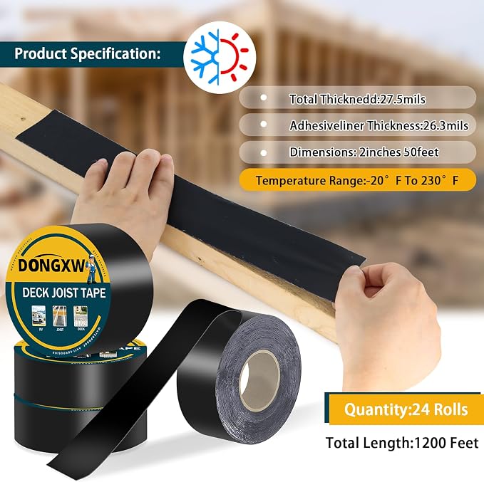 Dongxw 24 Packs Deck Joist Tape, 2" x 50' Waterproof Butyl Joist Tape for Decking 2inch, Flashing Tape Self-Adhesive Joist Tapes for Decks Beams Extend Wood Deck Life