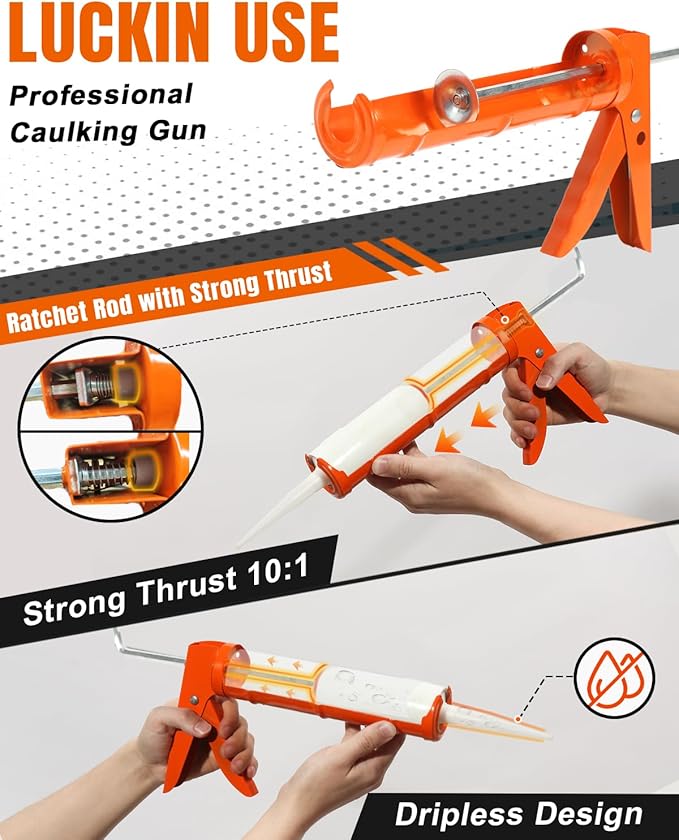 Holothurian Caulking Gun, Caulk Gun No Drip,Sealant Finishing Tool Grout Scraper for Kitchen Bathroom Window Sink Joint, 1/10 Gallon Cartridge, 10:1 Thrust Ratio, Orange, 2 Packs