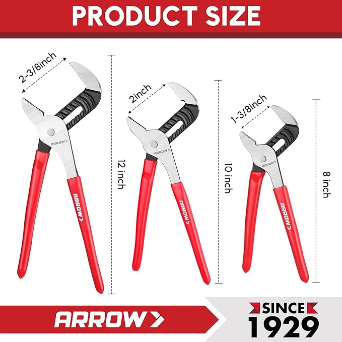 ARROW Groove Joint Pliers, 10" Adjustable Water Pump Pliers with 7 Jaw Positions, Serrated Jaws and Comfort Dip-grip Handle, Ideal for Plumbing Repair and Home Maintenance