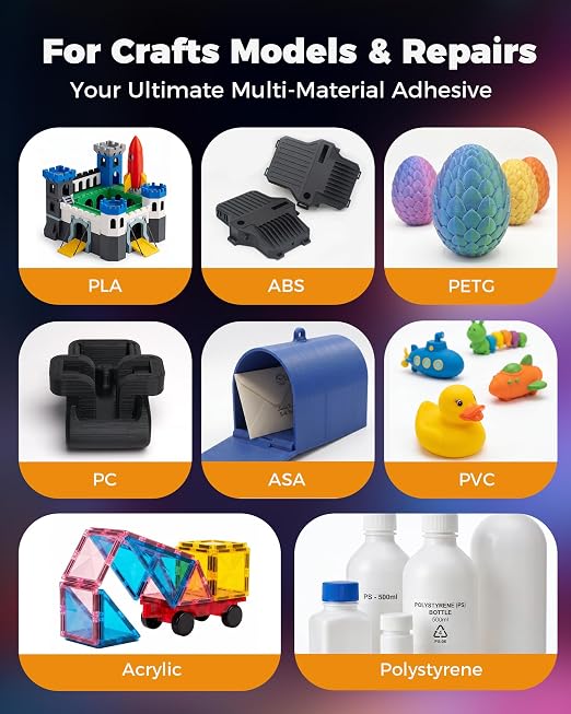 Super Glue for Plastic, PLA, ABS, PETG, PC, ASA, Acrylic, PVC, Fast Drying Clear Gel CA Adhesive for 3D Prints, Model Kits, RC Parts & Repairs with 6 Precision Tips, 40ml