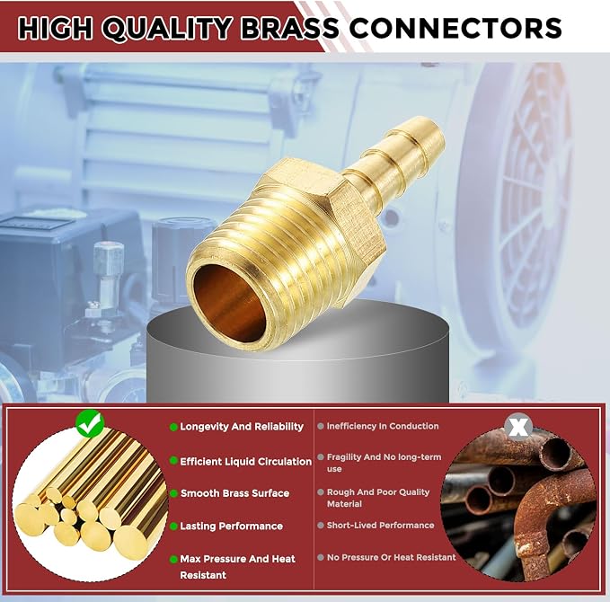 Pack of 3 Brass Hose Barb Fittings Adapter Connector 3/16" Hose Barb to 1/4" NPT Male Fittings for Home Machines, Massage Bathtubs, and Irrigation Systems