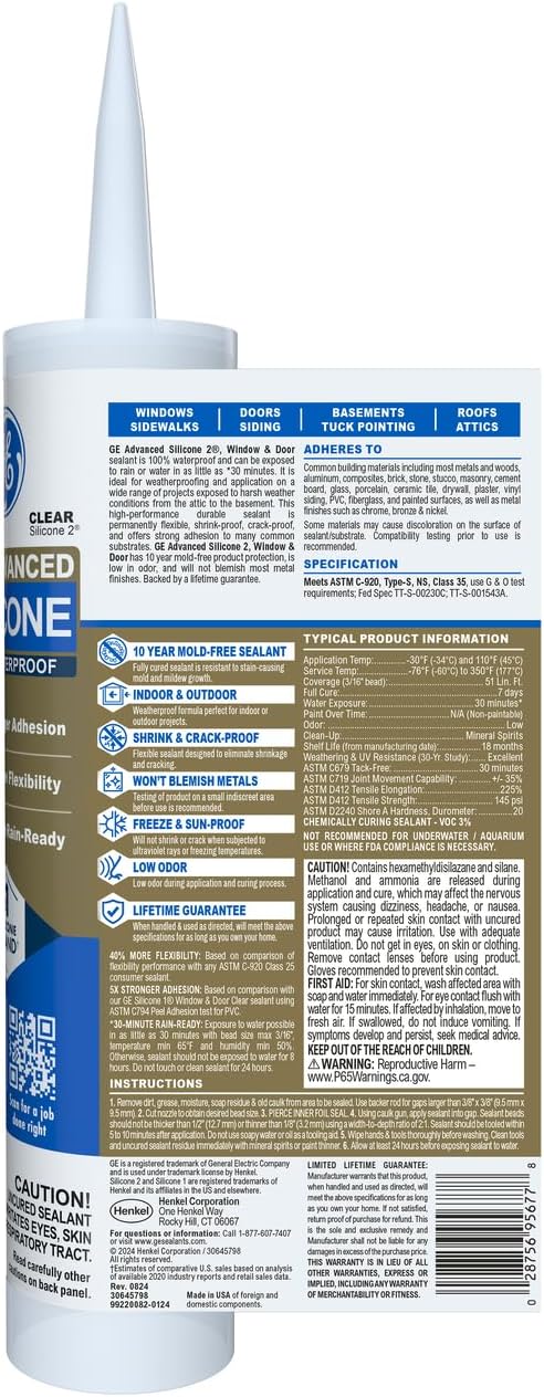 GE Advanced Silicone Caulk for Window & Door, Clear, 10 fl oz Cartridge, 1 Pack - 100% Waterproof Silicone Sealant, 5X Stronger Adhesion, Shrink & Crack Proof