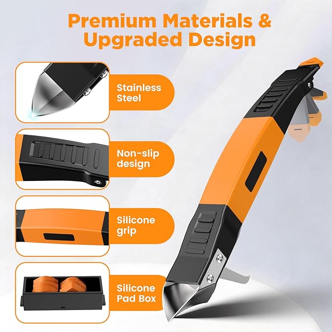 6 in 1 Silicone Caulking Tool Kit with Caulk Grout Remover Tool Sealant Finishing & Smoothing Tool, Grout Scraper, 6 Reusable Pads and Adhesive Residue Scraper for Kitchen Bathroom Tile Sink (Orange)