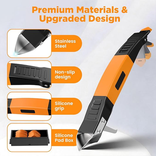 6 in 1 Silicone Caulking Tool Kit with Caulk Grout Remover Tool Sealant Finishing & Smoothing Tool, Grout Scraper, 6 Reusable Pads and Adhesive Residue Scraper for Kitchen Bathroom Tile Sink (Orange)