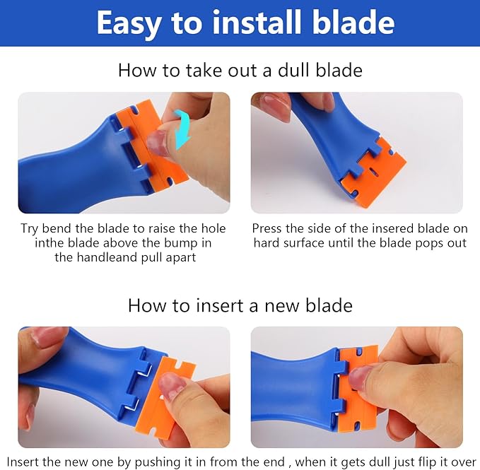 10 Plastic Razor Blade Scraper, 100 Pcs Blades, Remove Label Decal Tool for Stickers, Gaskets and Paints on Window Car Glass