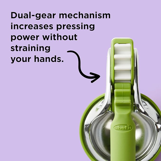 Chef'n FreshForce Lemon Squeezer Citrus Juicer, Manual Hand Press with Dual-Gear Power for Maximum Juice Extraction, Durable, Lime Green