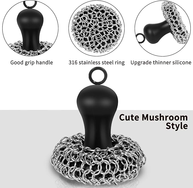 Cast Iron Cleaner Scrubber with Pan Scraper, Patented Chain Mail Scrubber Cast Iron Cleaning Kit, Metal Chainmail Scrubbing Sponge Scrub Brush to Clean Pan, Skillet, Grill, Dutch Oven, Wok