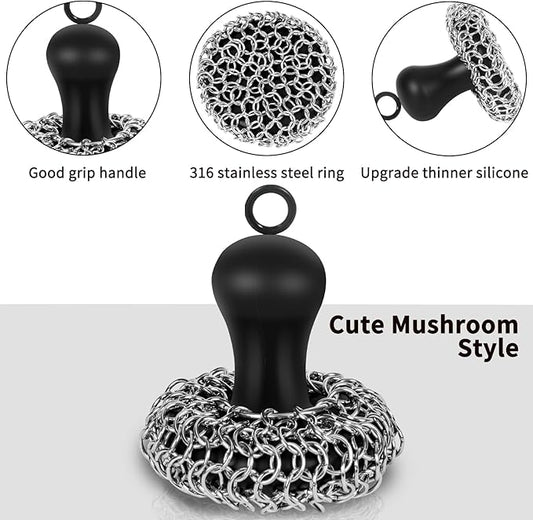 Cast Iron Cleaner Scrubber with Pan Scraper, Patented Chain Mail Scrubber Cast Iron Cleaning Kit, Metal Chainmail Scrubbing Sponge Scrub Brush to Clean Pan, Skillet, Grill, Dutch Oven, Wok