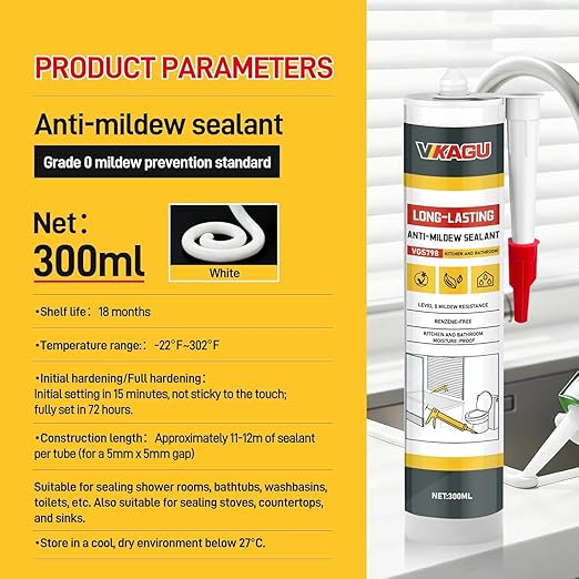 VGS 798 Professional Grade Silicone Sealant Caulk, 10.15 oz, White, 100% Waterproof, Shrink-Resistant & Crack-Resistant for Indoor Use