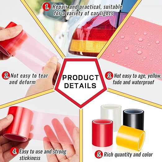 16.4 ft x 2 Inches Self Adhesive Repair Light Tape Auto Tail Light Tape Fog Lights Tint Tape Headlight Lens Tape (Multicolor, 4 Rolls)