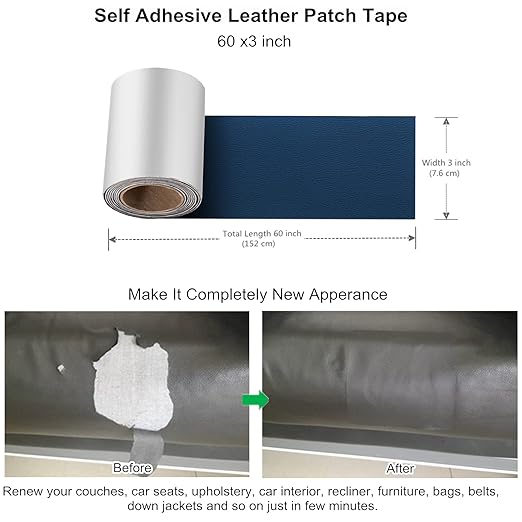 ILOFRI Self Adhesive Leather Repair Patch Tape 3x60 inch, Vinyl and Leather Repair Kit for Couches, Furniture, Car Seat, Boat Seat, Sofa, Vinyl Upholstery, Chair, Interior - Navy Blue