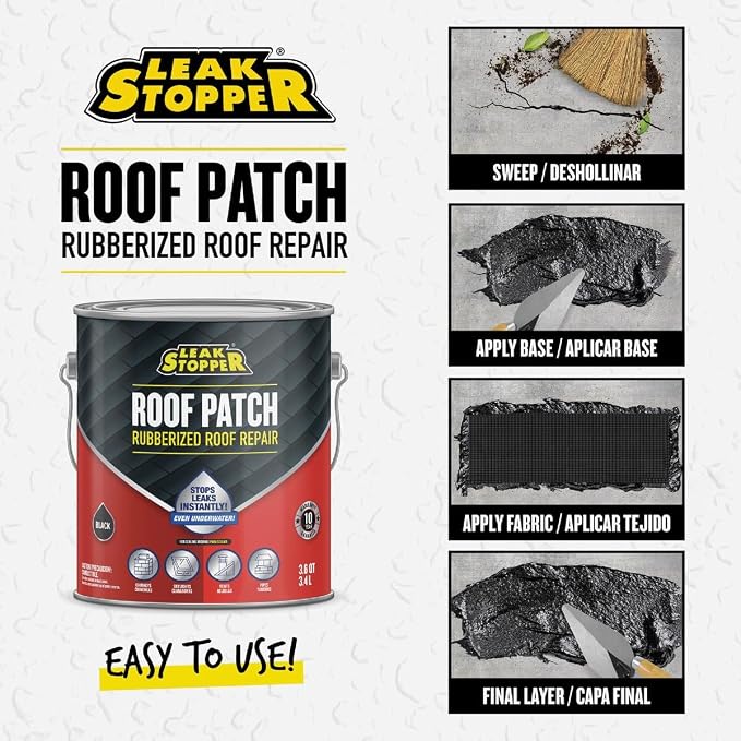 Gardner-Gibson Leak Stopper Rubberized Roof Patch 1 Gallon | 100% Flexible Instant Sealant for Built-Up Roofs, SBS Modified Roofs, Metal Roofs & Many Other Surfaces | 10 Years Warranty | Black |