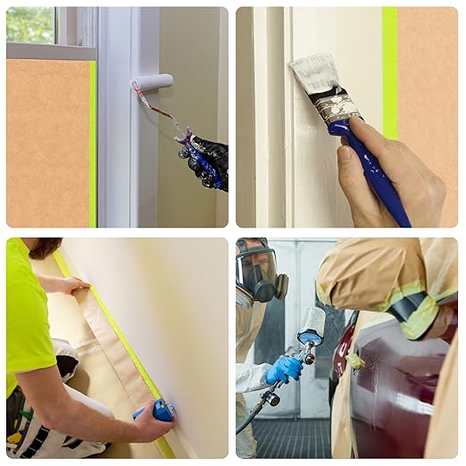Tangibay Pre-Taped Masking Paper for Painting - 12 inch x 50 feet Tape and Drape Painters Paper, Paint Adhesive Protective Paper Roll for Covering Skirting, Frames, Cars and Auto Body (3 Rolls)
