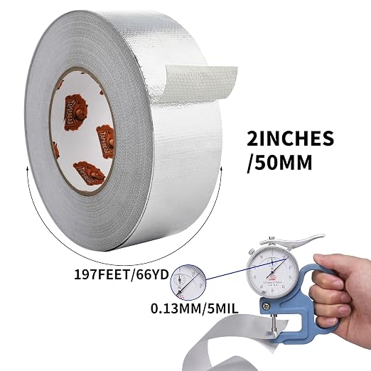 TAPEBEAR Aluminum Foil Heat Shield Tape 2inch x 65Yards, Aluminized Fiberglass Cool Tape 5.5mil Heat Resistant Tape Thermal Barrier for Air Dryer Vent, HVAC, Heating Unit, Hose and Pipe, 5Rolls/980Ft