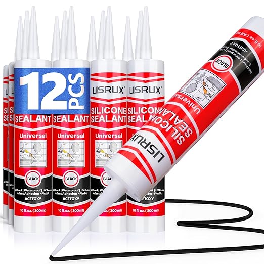 LISRUX Advanced Black Silicone Caulk for Kitchen & Bathroom,10 fl oz Cartridge,12 Pack, Cartridge,100% Waterproof RTV Silicone Sealant,Stronger Adhesion,Shrink & Crack Proof