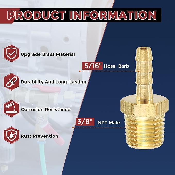 Pack of 1 Brass Hose Barbs Fittings 5/16" Hose Barbs to 3/8" NPT Male Fittings for Home Machines, Massage Bathtubs, and Irrigation Systems