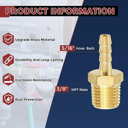 Pack of 3 Brass Hose Barbs Fittings 5/16" Hose Barbs to 3/8" NPT Male Fittings for Home Machines, Massage Bathtubs, and Irrigation Systems