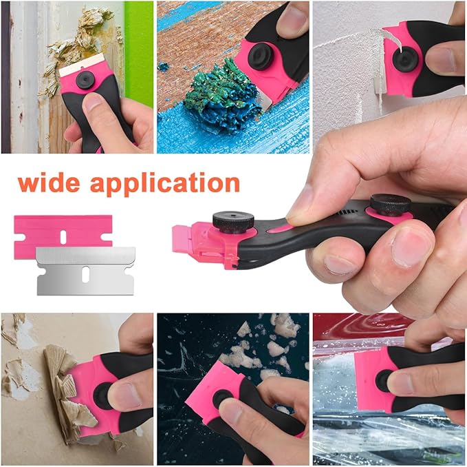 Ainiv Razor Blade Scraper, 2 PCS Razor Scraper Tool with 20PCS Metal Blades and 20PCS Plastic Blades, Multi-funtional Cleaning Razor Scraper for Decals, Stickers, Labels, Caulk, Adhesive Removal(Pink)