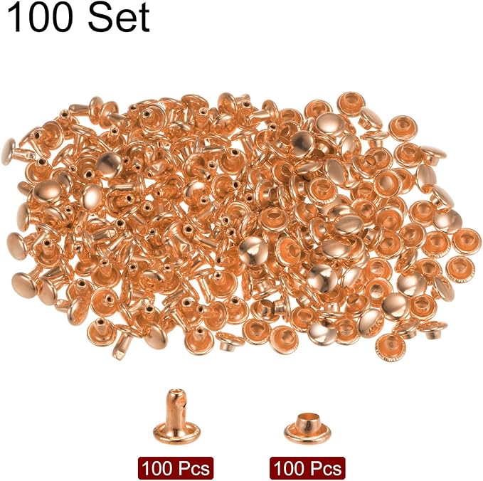 HARFINGTON 100 Sets Leather Rivets 6 x 6mm Metal Double Cap Rivet Snaps Studs Fasteners with 3pcs Setting Tools for Leather Craft DIY Repair Decoration, Light Gold Tone