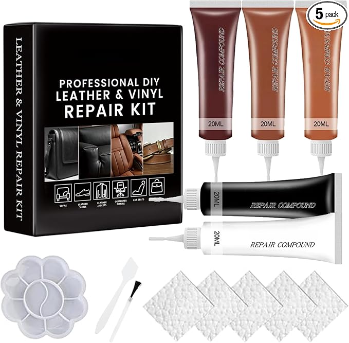 Leather Repair Kit for Furniture, Sofa, Jacket, Car Seats & Purse, 5Pcs Vinyl Repair Kit with Easy Instructions, Fix Tears, Scratches, Holes & Peeling on Genuine, Faux, Bonded Leather (Brown)