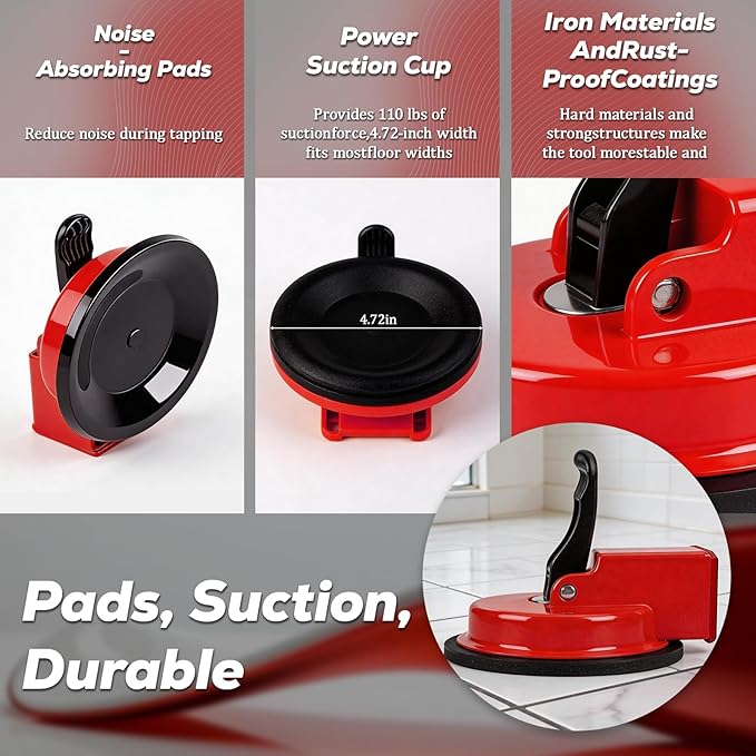 Floor Gap Fixer Tool, Upgraded Heavy Duty Floor Gap Fixer Suction Cup Tool, Made of Iron & Adjustable Height Setter, for Wood, Laminate, Tile, Vinyl Floor Gap Repair Tools (Red)