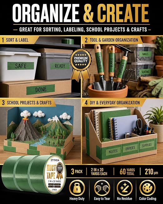 Black Duct Tape Heavy Duty: Wide Waterproof Outdoor Duck Furniture Repair Tape Bulk - Strong Adhesive Weather UV Resistant No-Residue Masking Tapes Patterns Variety Pack (3, Green)