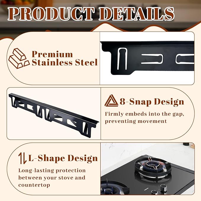 Stove Gap Covers Stainless Steel 2 Pcs, Adjustable Retractable Length 13.8" to 27.6", 1" Wide, Heat and Water Resistant, Easy Clean Range Gap Filler for Stove and Countertop (Black)