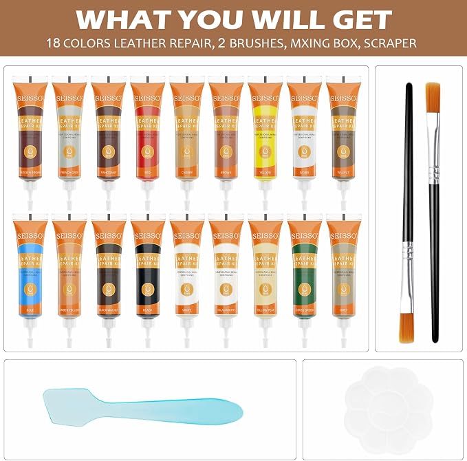 18 Colors Leather Repair Kit - for Furniture Car Seats Couches Sofa Shoes Boat, Leather Dye Filler Paint Restore Scratches Tears Holes, Purses, Jacket, Vinyl Repair Kit Bonded Leather Genuine Italian